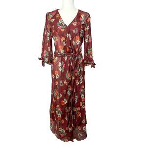 Maje Reselia Burgundy Floral Chiffon Sheer Wrap Maxi Dress, EUC, Size 3 US Large